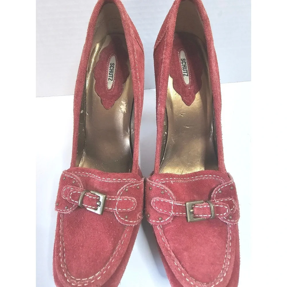 Schutz Camurcao Rouge Red Suede Platform Heels Loafer Style Chunky Heel SZ 7.5
